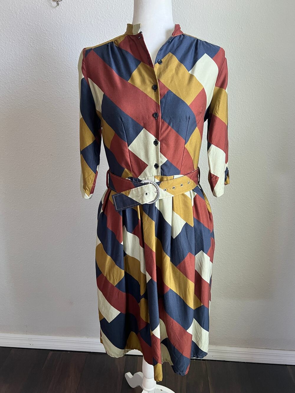 Palava Vintage-Inspired Geometric Print Shirt Dress Women's 10 Flawed